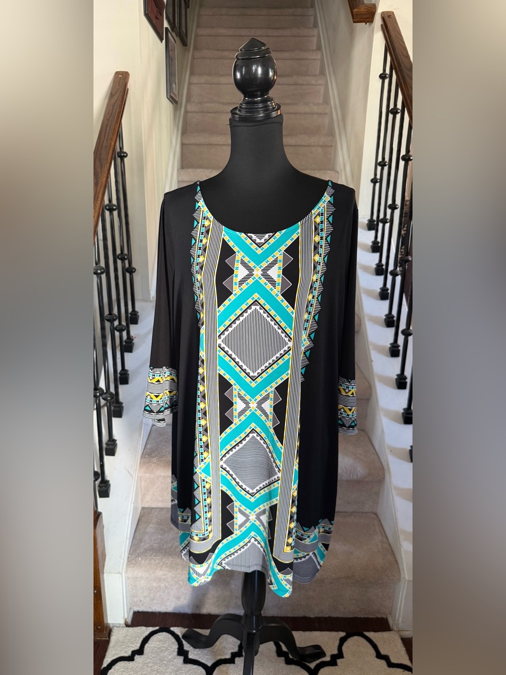 Alfani Black Tunic with Turquoise and Yellow Geometric Print